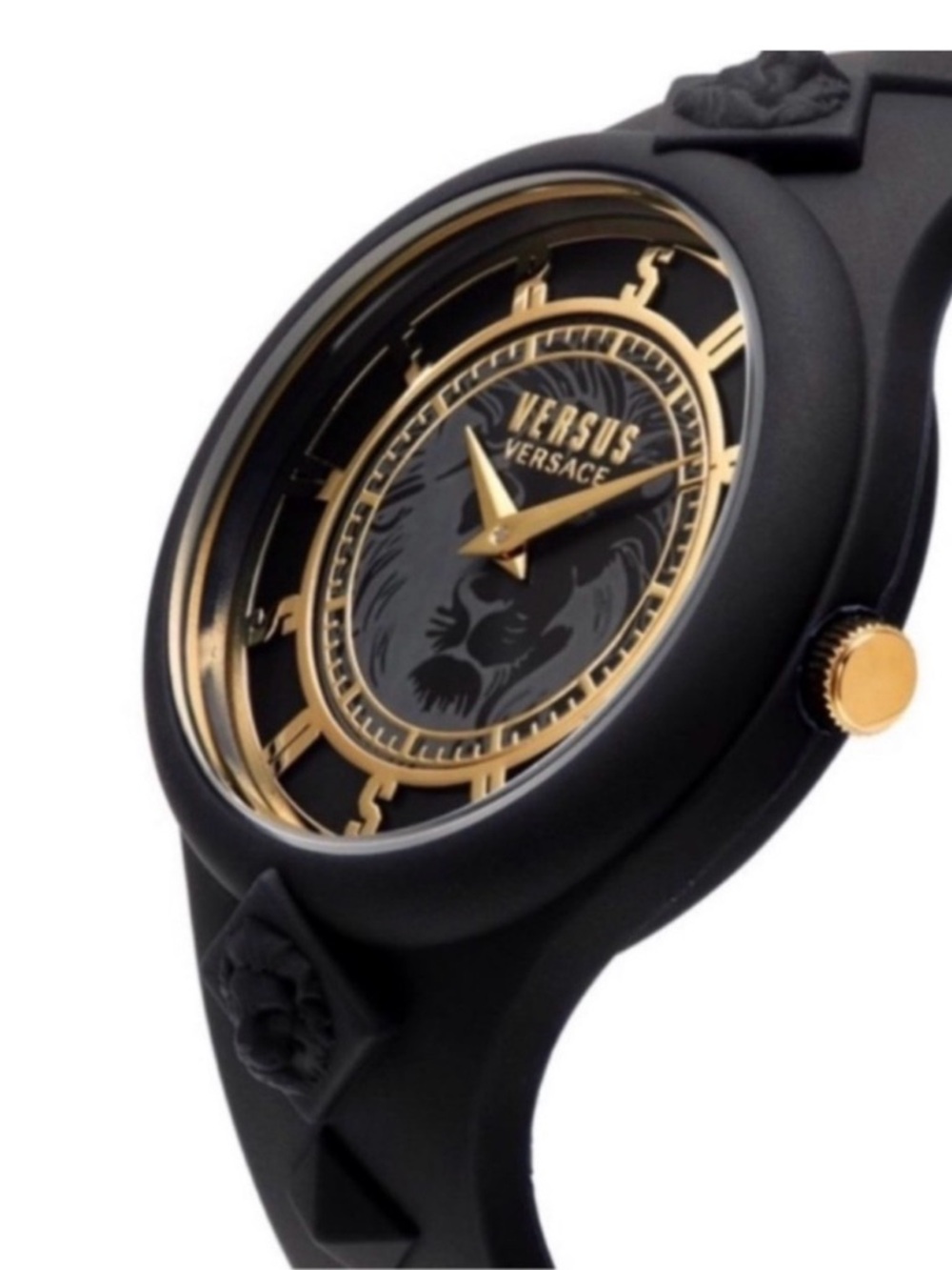 Versus Versace Authentic Black and Gold Lion-Accent Silicone Watch NEW With Tag